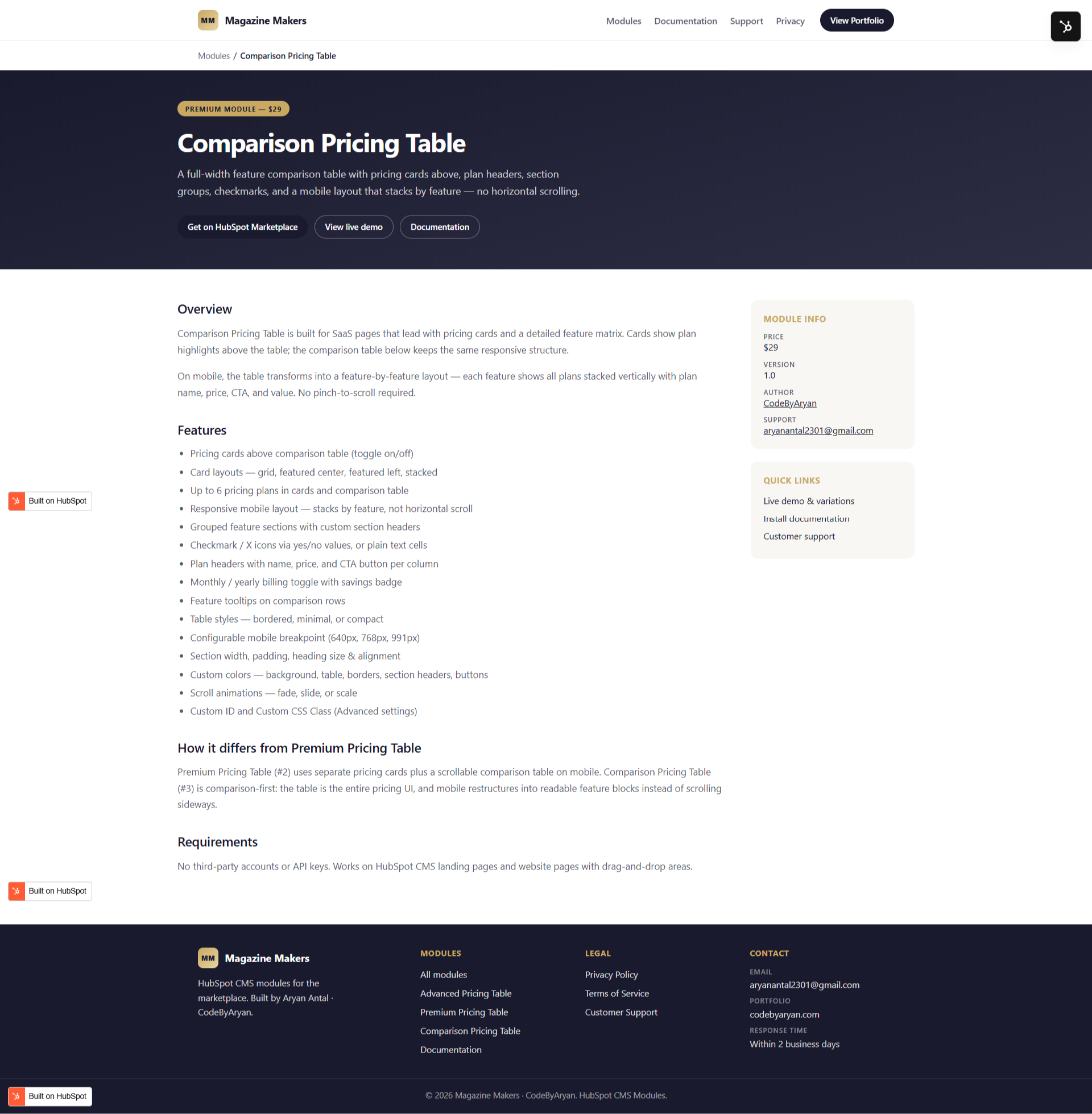 Comparison Pricing Table Details